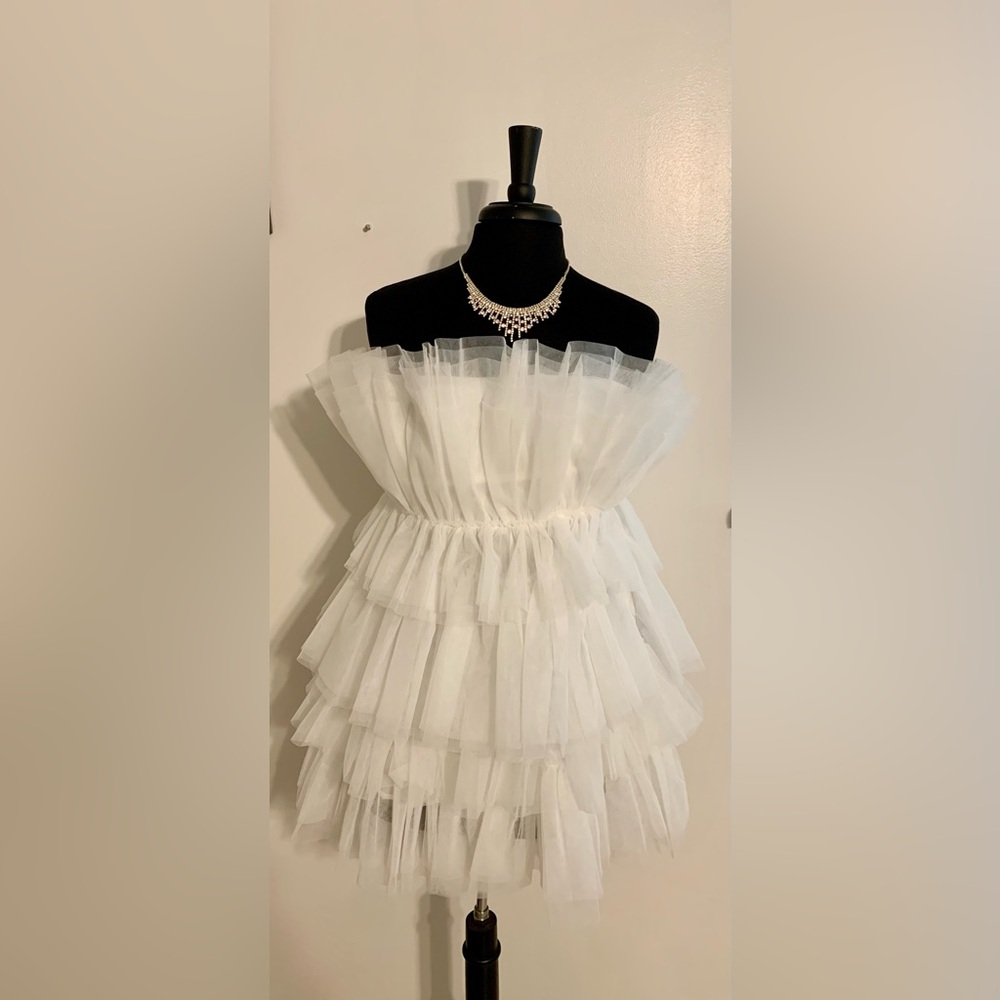 Tiered strapless mini dress tulle white bachelorette wedding reception bride